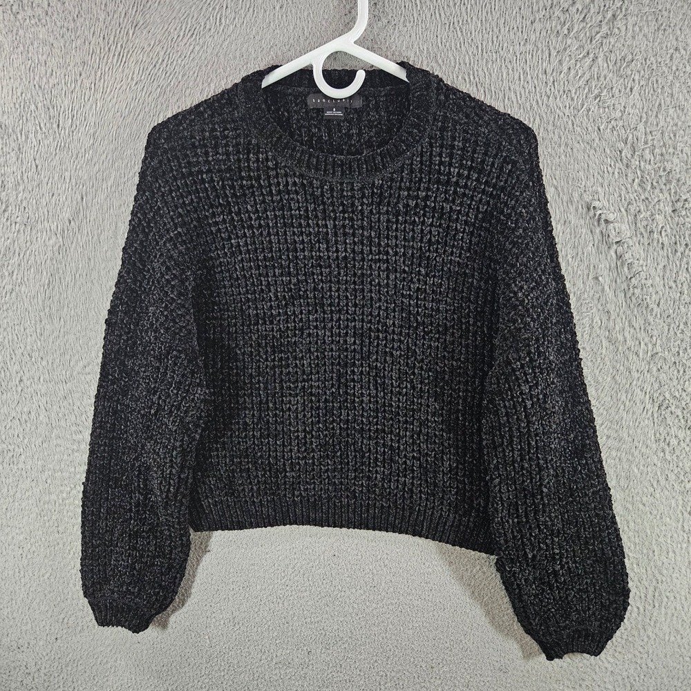 Sanctuary Women Black Chenille Waffle Knit Crewneck Sweater Small